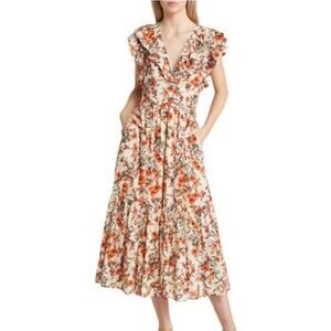 Chelsea 28 Floral Ruffle Sleeve Organic Cotton Midi dress Size XL